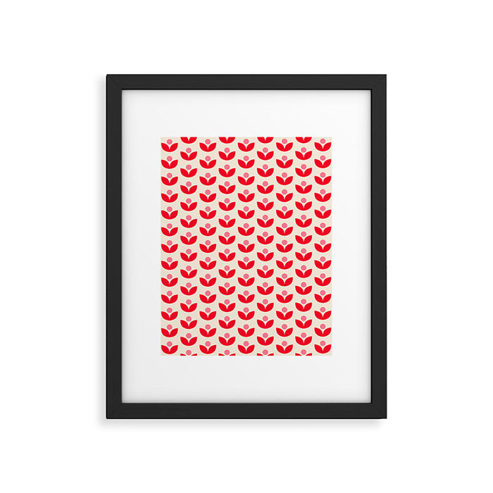 Scandi Folk Tulip Pattern in Pink and Red Framed Art Print Gallery Image 1