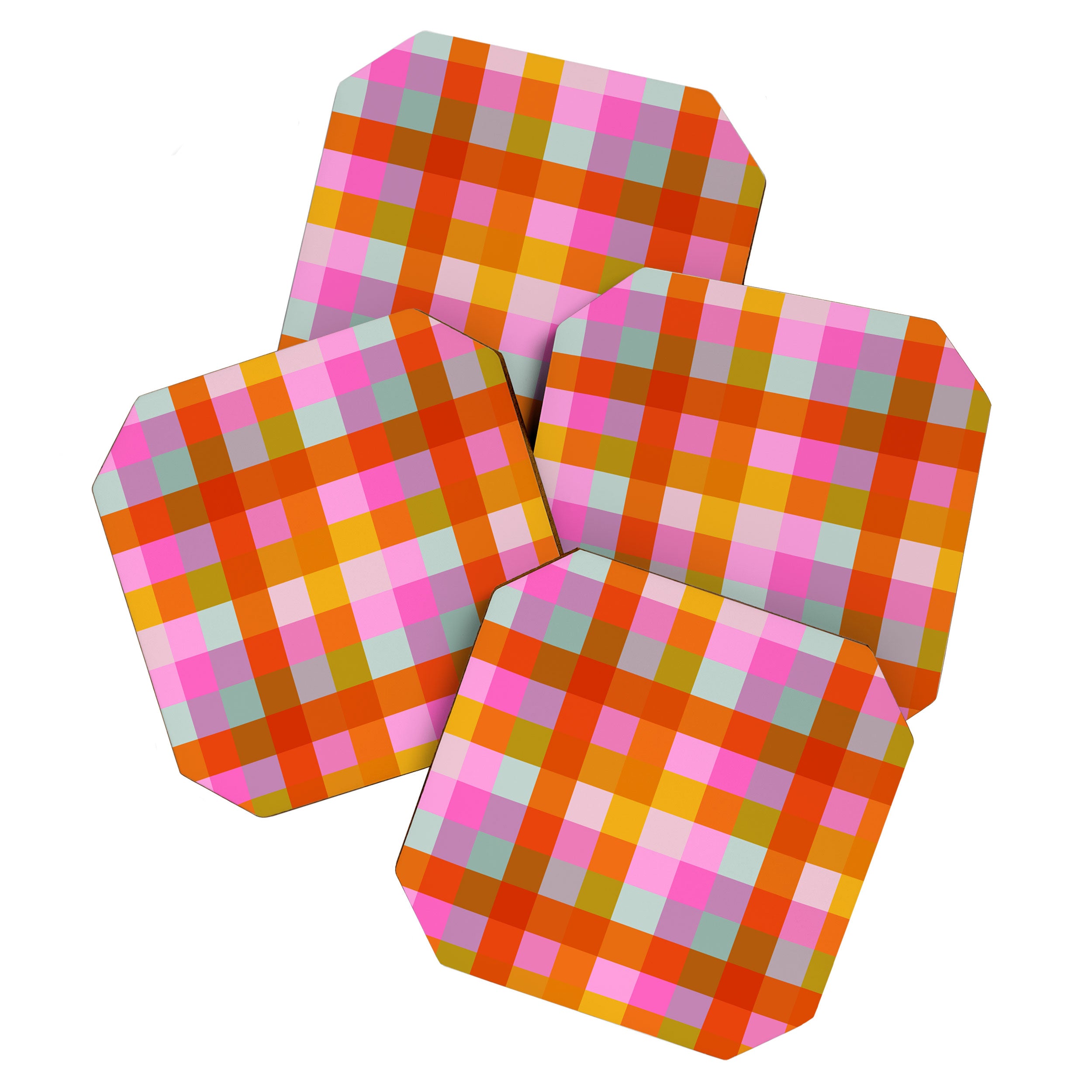 Vibrant Pink and Orange Plaid Abstract Geometric Pattern Coaster Gallery Image 1