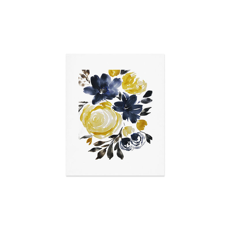 Navy and Yellow Loose Watercolor Floral Bouquet Art Print Gallery Image 1