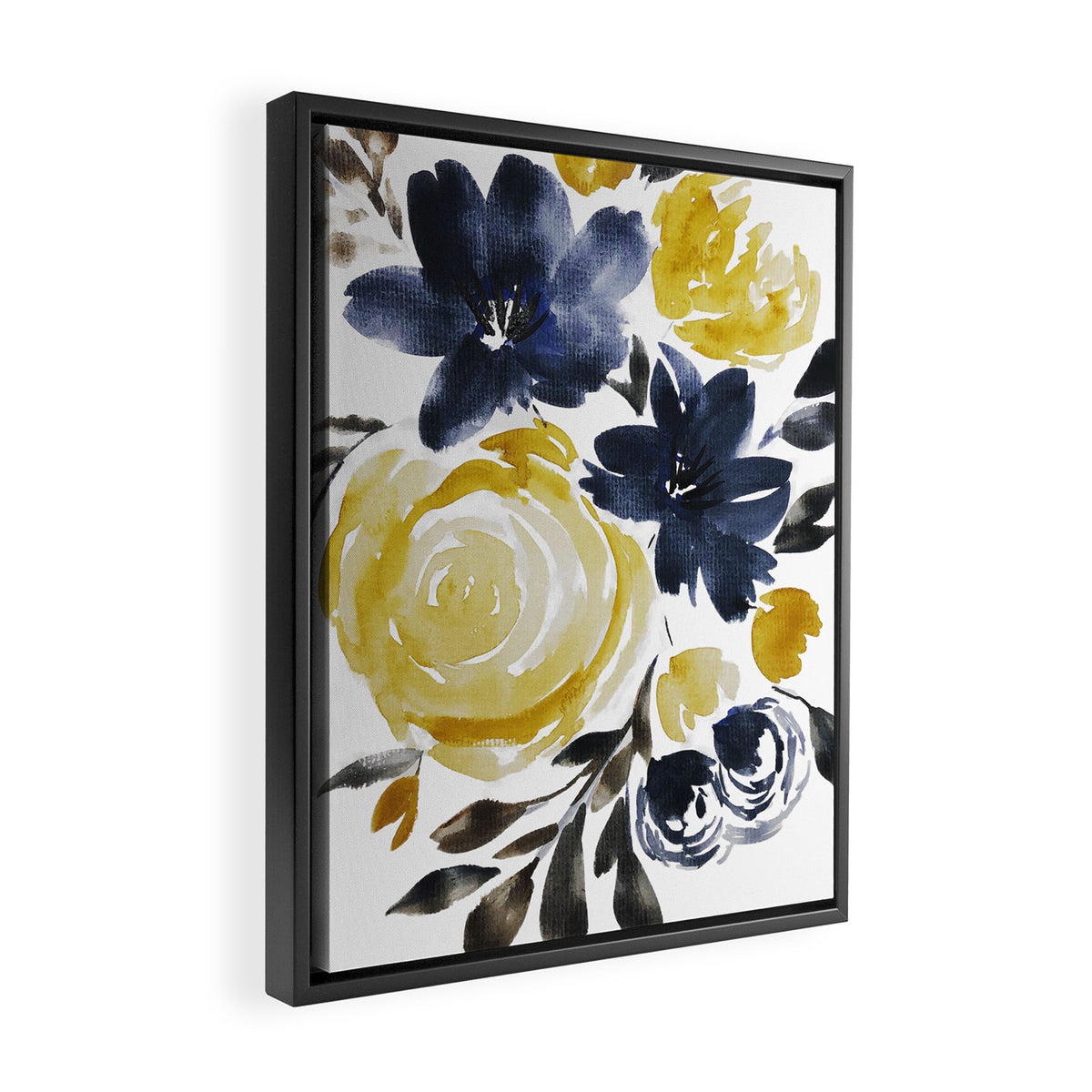 Navy and Yellow Loose Watercolor Floral Bouquet Framed Canvas Print Gallery Image 2