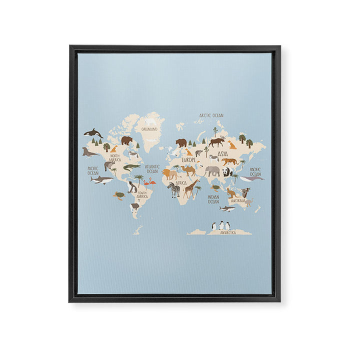 Illustrated Animal World Map Framed Canvas Print Gallery Image 1