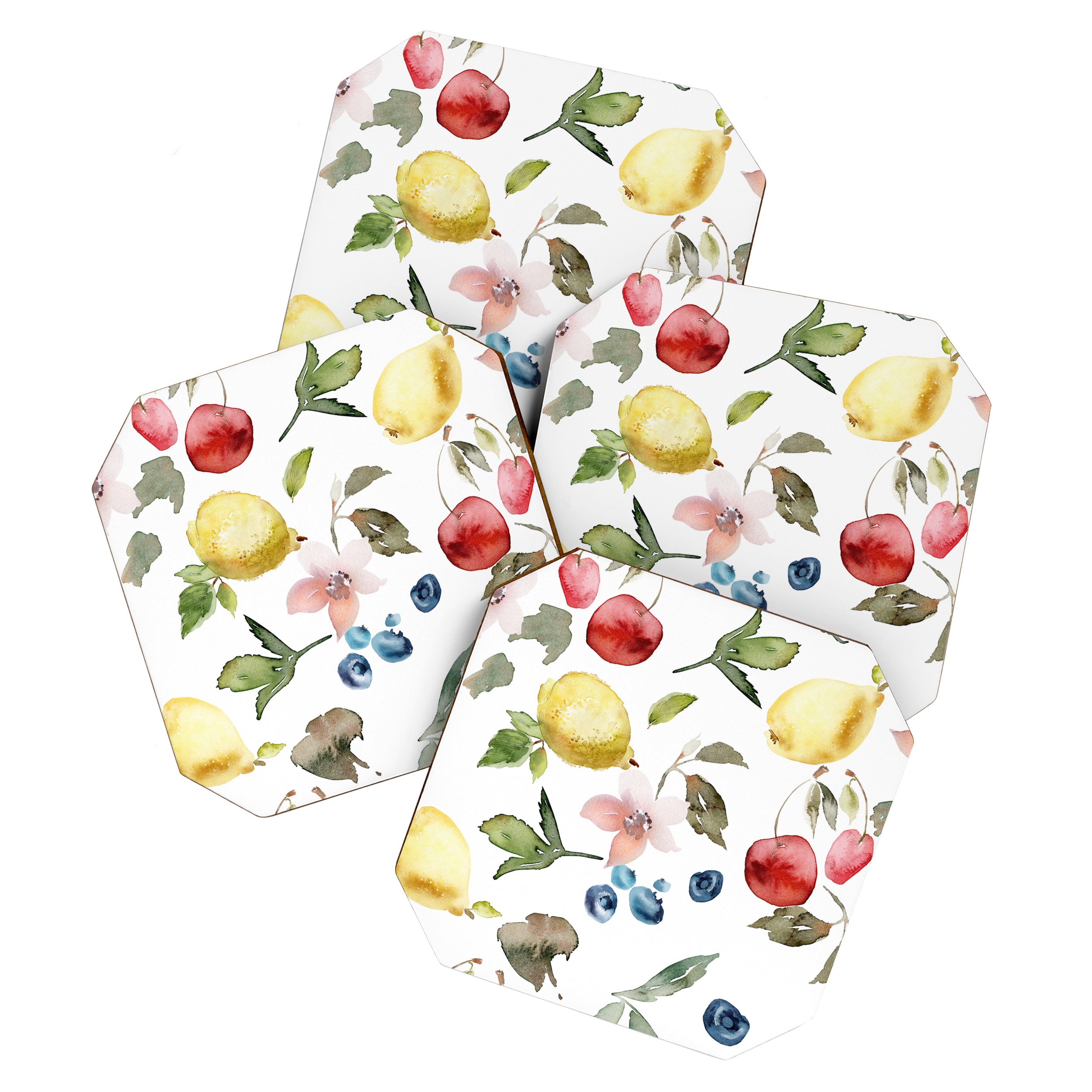 Lemon Berries and Cherries Watercolor Pattern Coaster Gallery Image 1