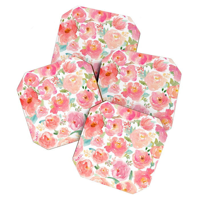 Pink Peonies Watercolor Pattern Coaster Gallery Image 1