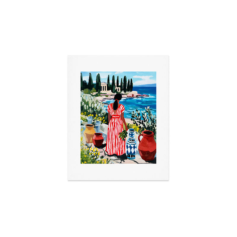 Red Dress by the Sea Art Print Gallery Image 1