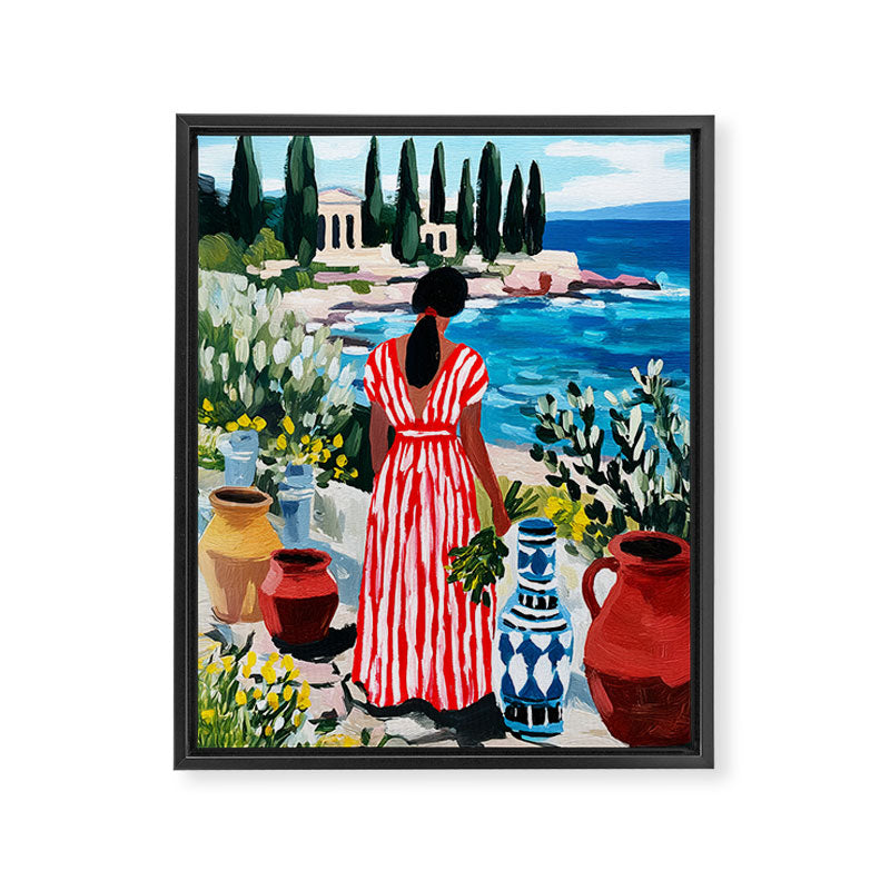 Red Dress by the Sea Framed Canvas Print Gallery Image 6