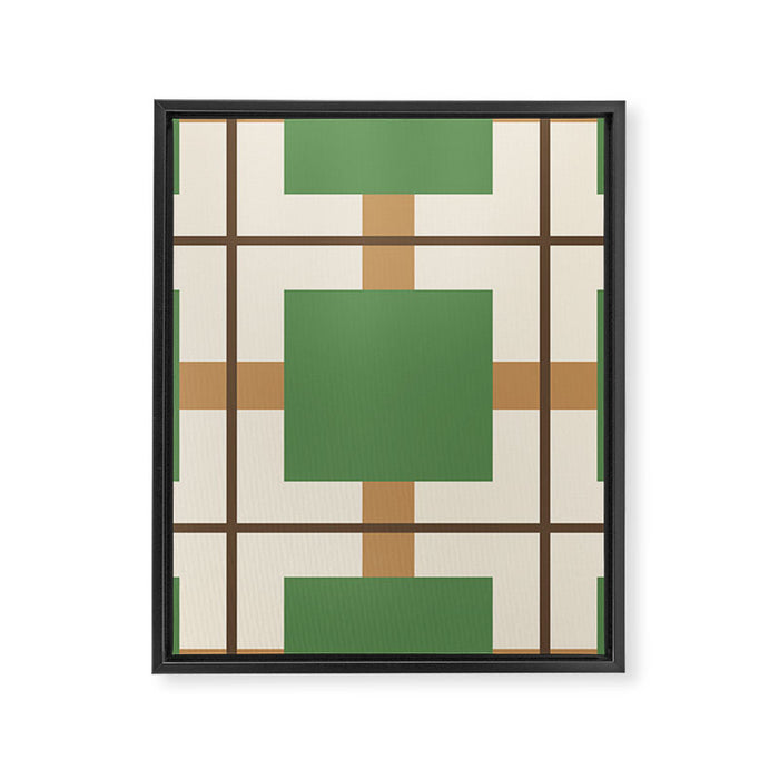 Retro Geometric Plaid Green Camel Framed Canvas Print Gallery Image 1