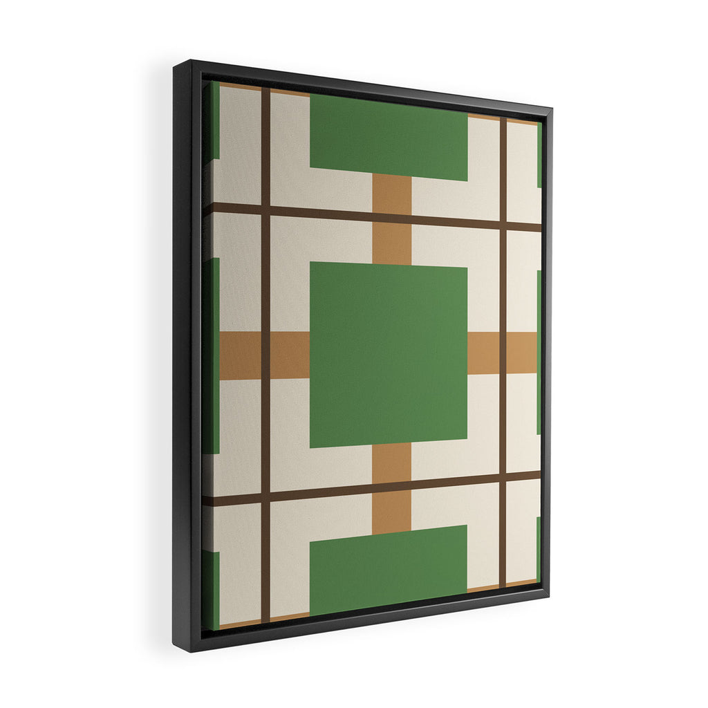 Retro Geometric Plaid Green Camel Framed Canvas Print Gallery Image 2