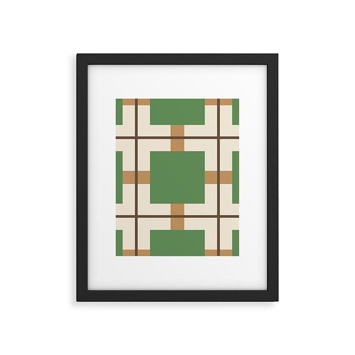 Retro Geometric Plaid Green Camel Framed Art Print Gallery Image 1