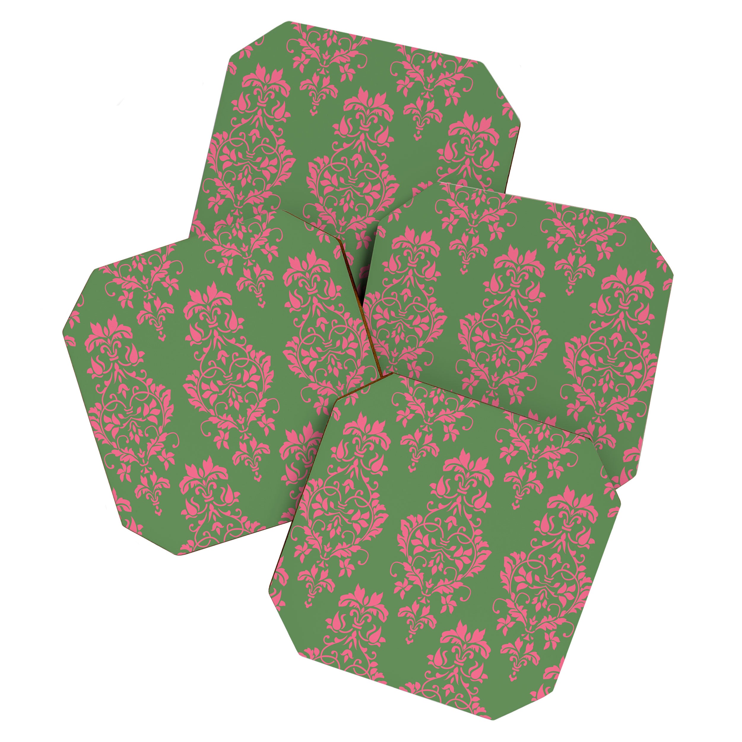 Victorian Pink Green Damask Pattern Coaster Gallery Image 1