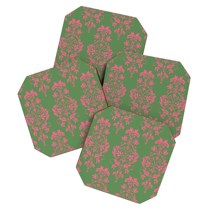 Victorian Pink Green Damask Pattern Coaster Gallery Image 1