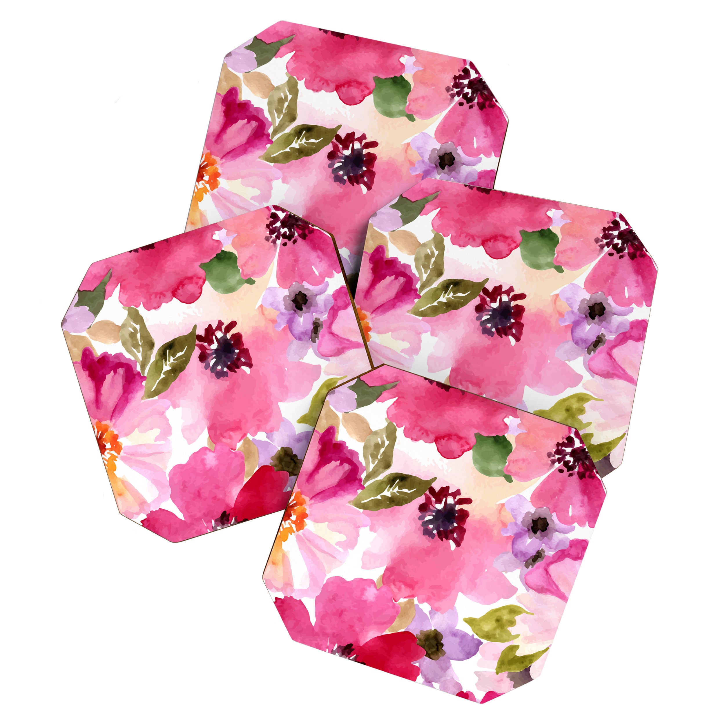 Watercolor Flowers Pink Fuchsia Coaster Gallery Image 1
