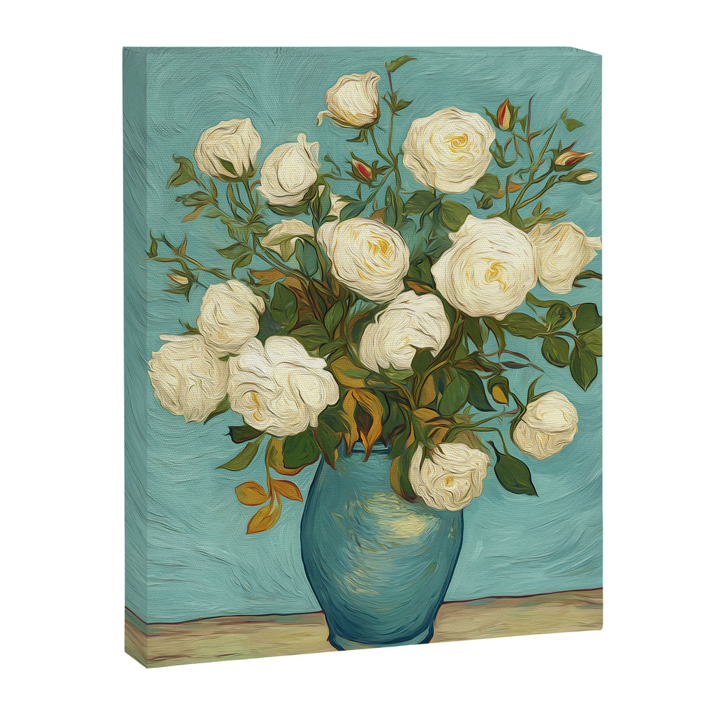 White Roses in Blue Vase Canvas Print Gallery Image 6