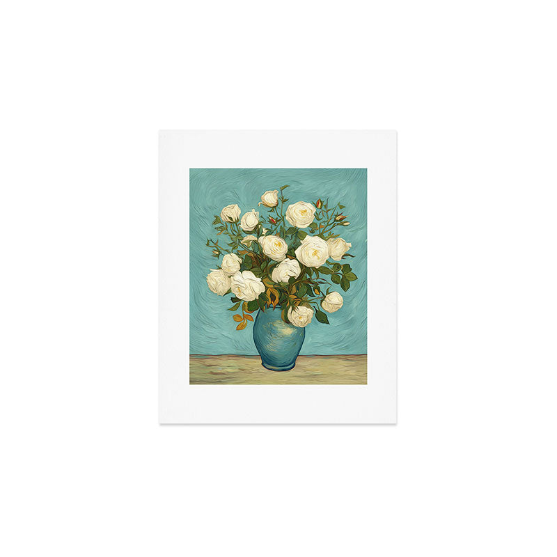 White Roses in Blue Vase Art Print Gallery Image 1