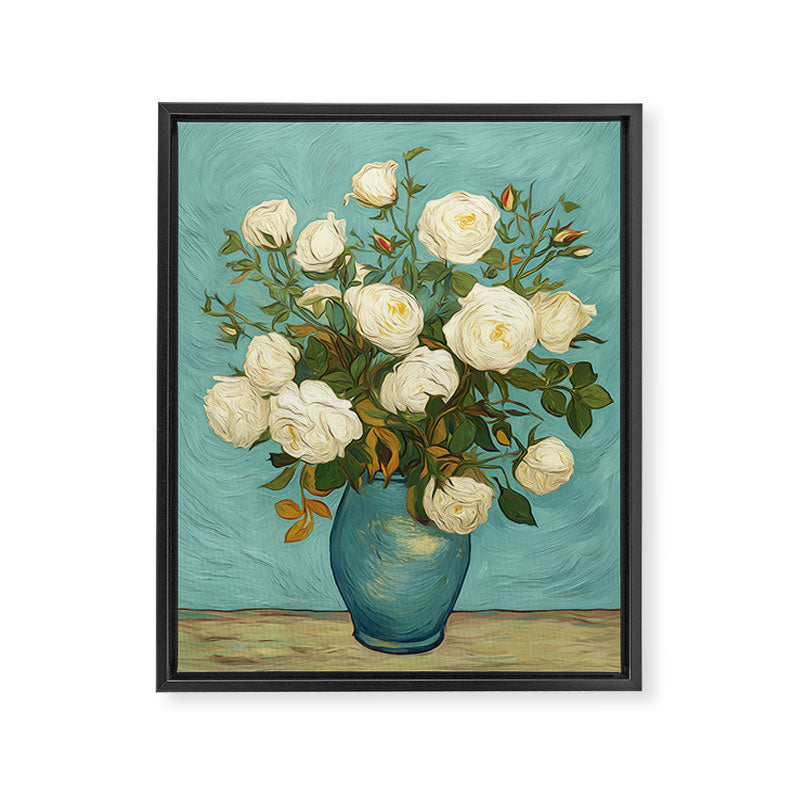 White Roses in Blue Vase Framed Canvas Print Gallery Image 6