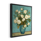 White Roses in Blue Vase Framed Canvas Print Gallery Image 2