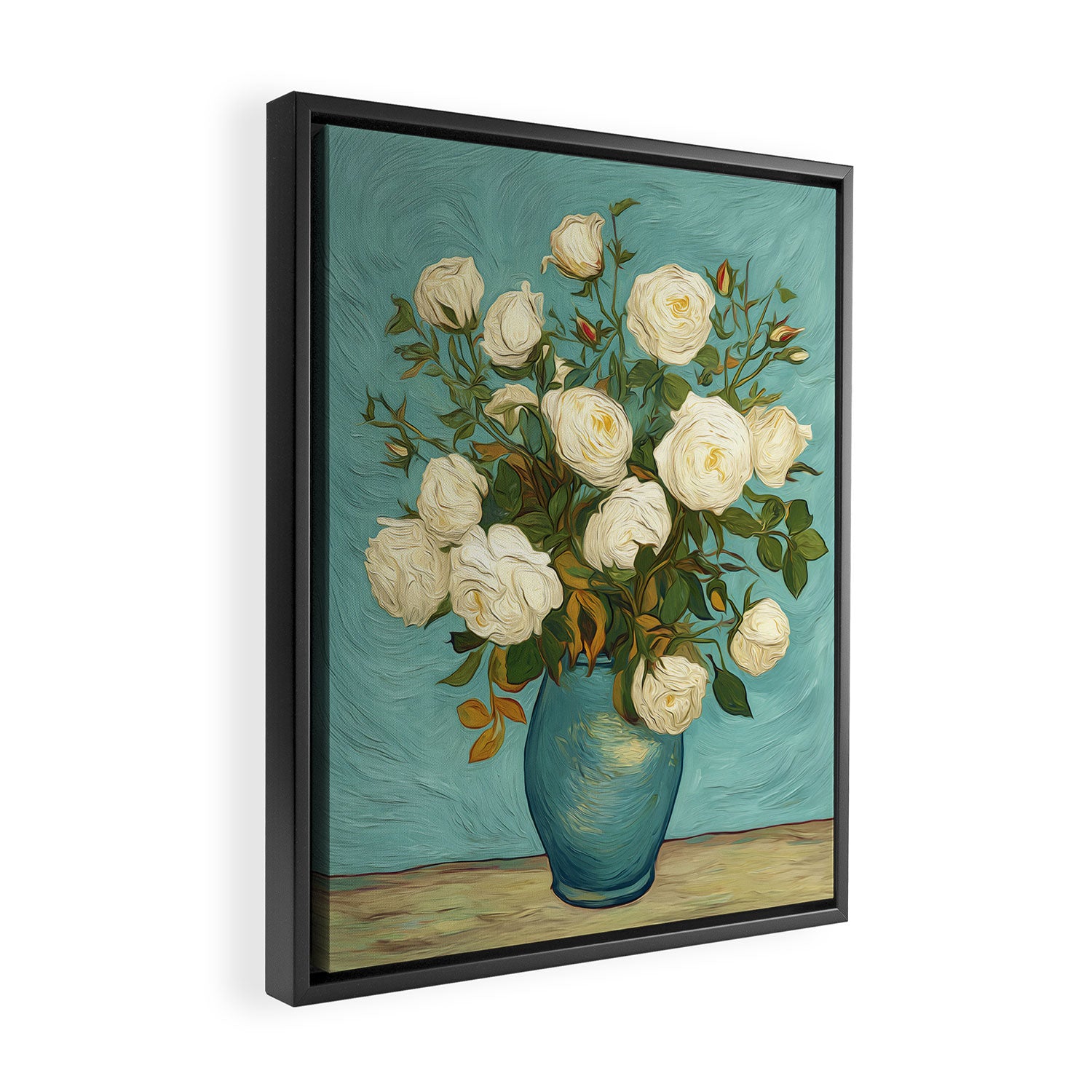 White Roses in Blue Vase Framed Canvas Print Gallery Image 2