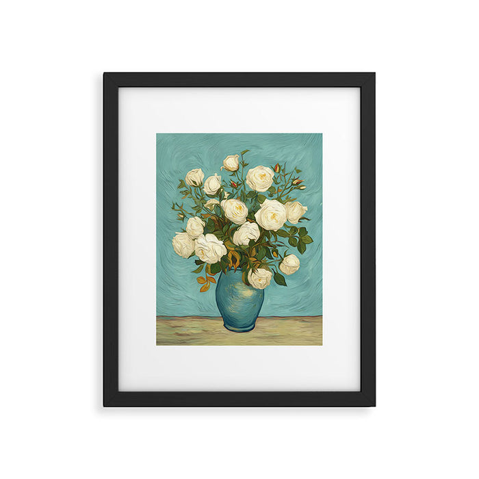 White Roses in Blue Vase Framed Art Print Gallery Image 1