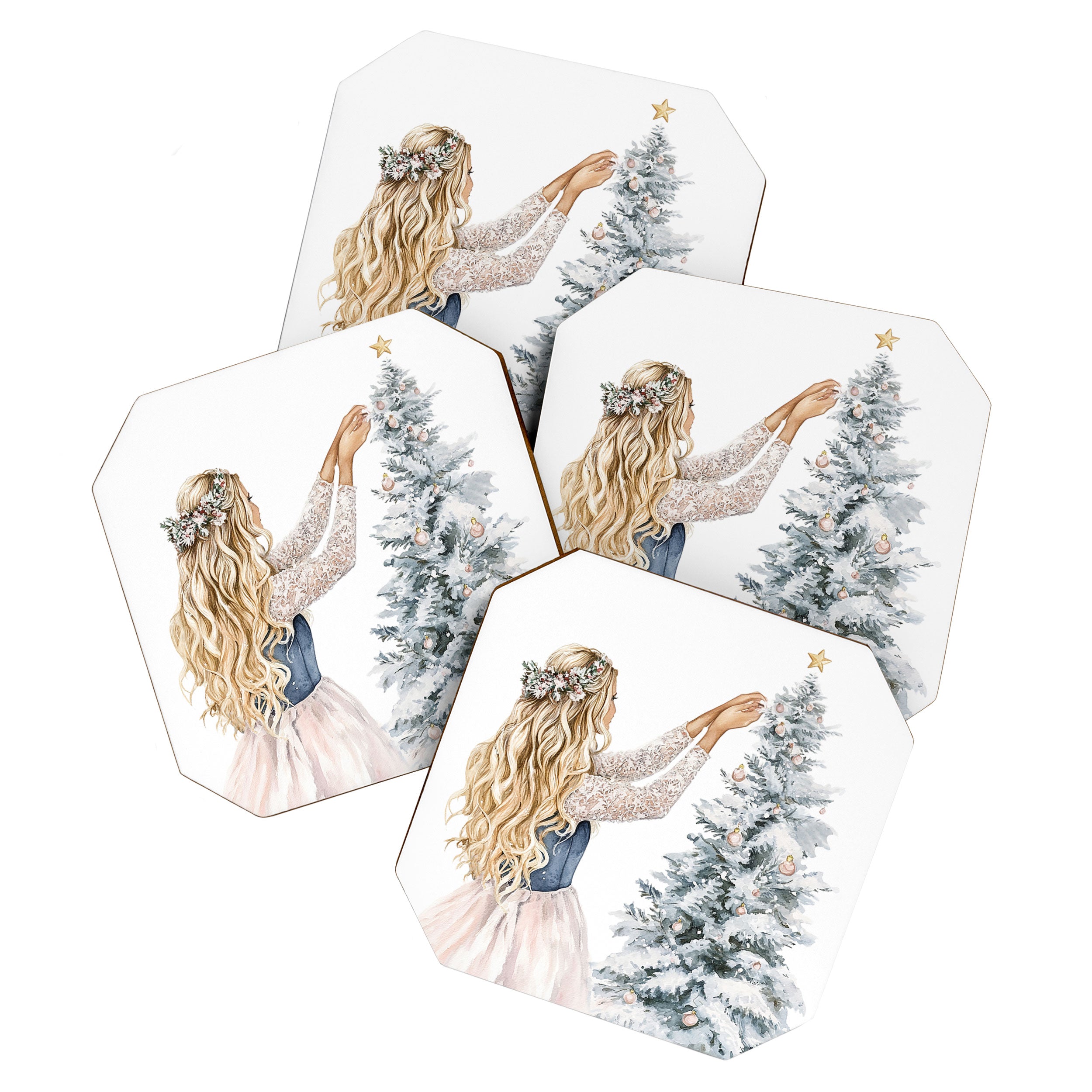 Blonde Putting on Christmas Ornaments Watercolor Coaster Gallery Image 1
