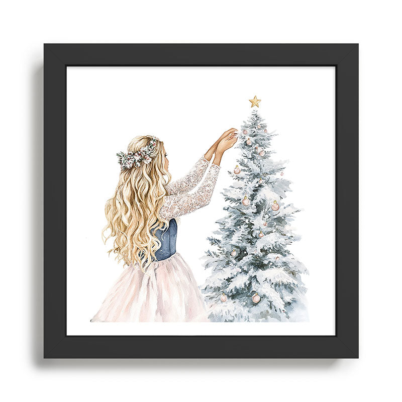 Blonde Putting on Christmas Ornaments Watercolor Framed Art Print Gallery Image 1