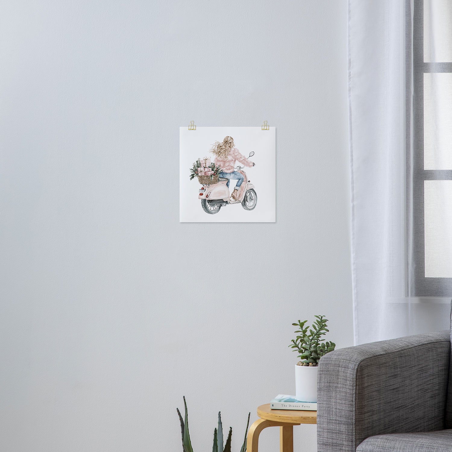 Blonde riding a scooter with pink holiday gifts watercolor Art Print Gallery Image 3