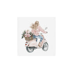 Blonde riding a scooter with pink holiday gifts watercolor Art Print Gallery Image 1
