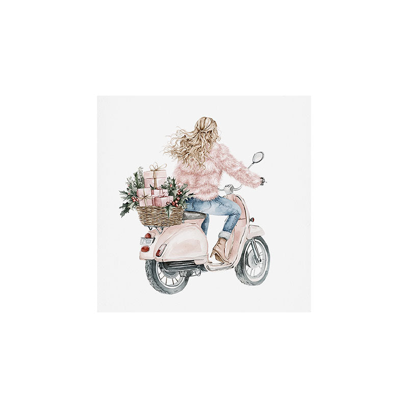 Blonde riding a scooter with pink holiday gifts watercolor Art Print Gallery Image 1