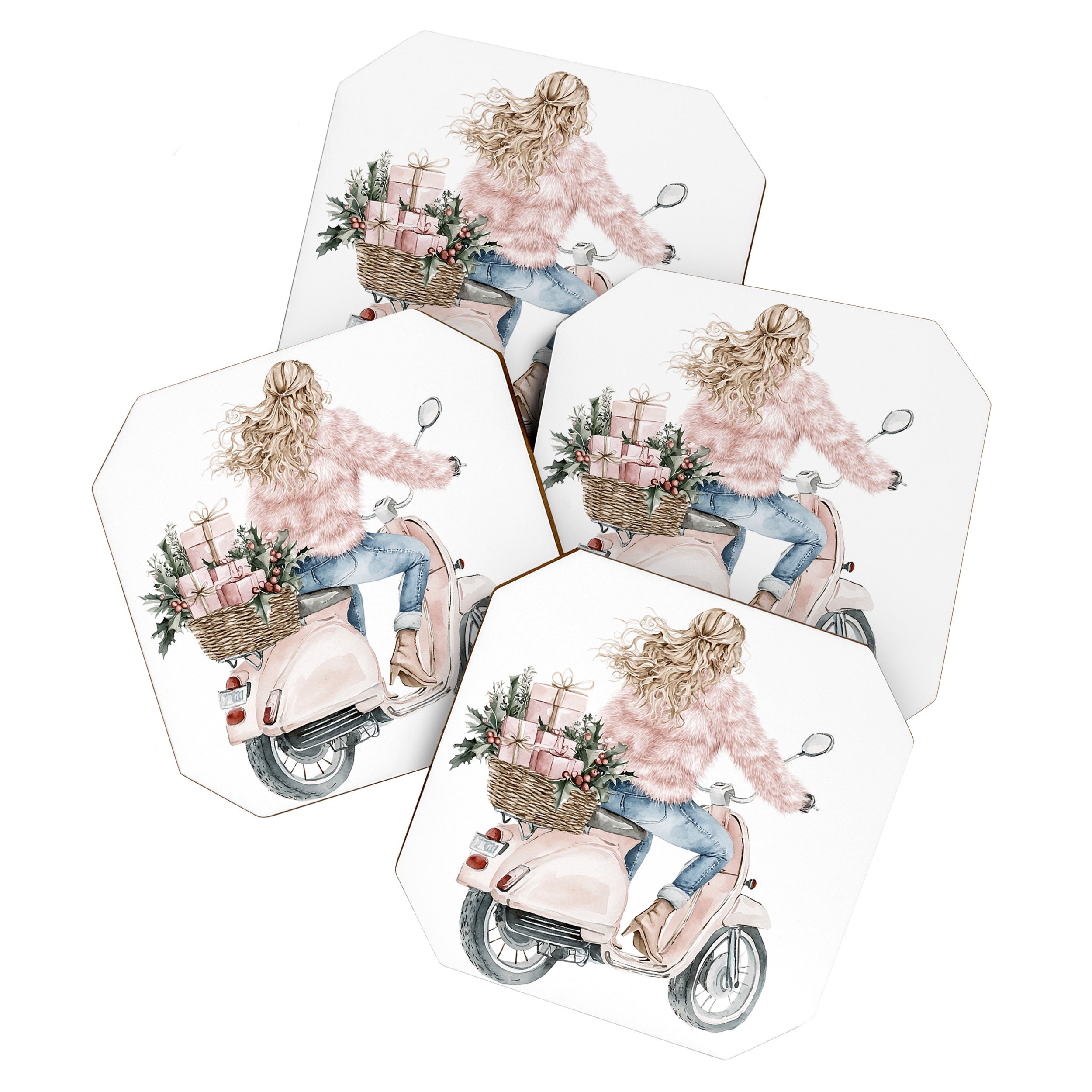 Blonde riding a scooter with pink holiday gifts watercolor Coaster Gallery Image 1