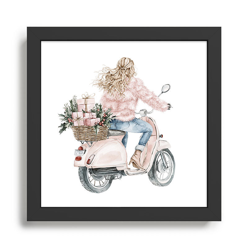 Blonde riding a scooter with pink holiday gifts watercolor Framed Art Print Gallery Image 1