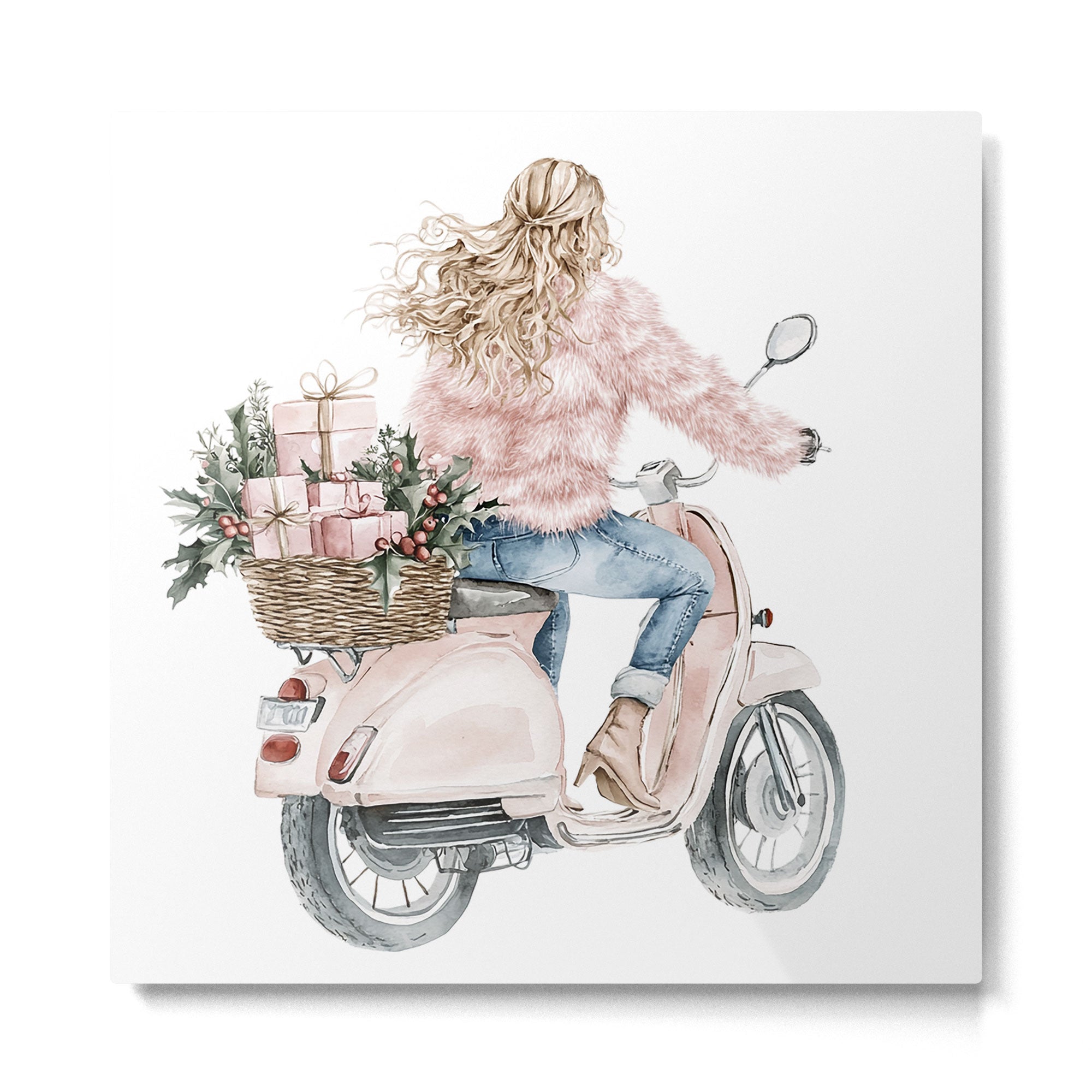 Blonde riding a scooter with pink holiday gifts watercolor Metal Print Gallery Image 2
