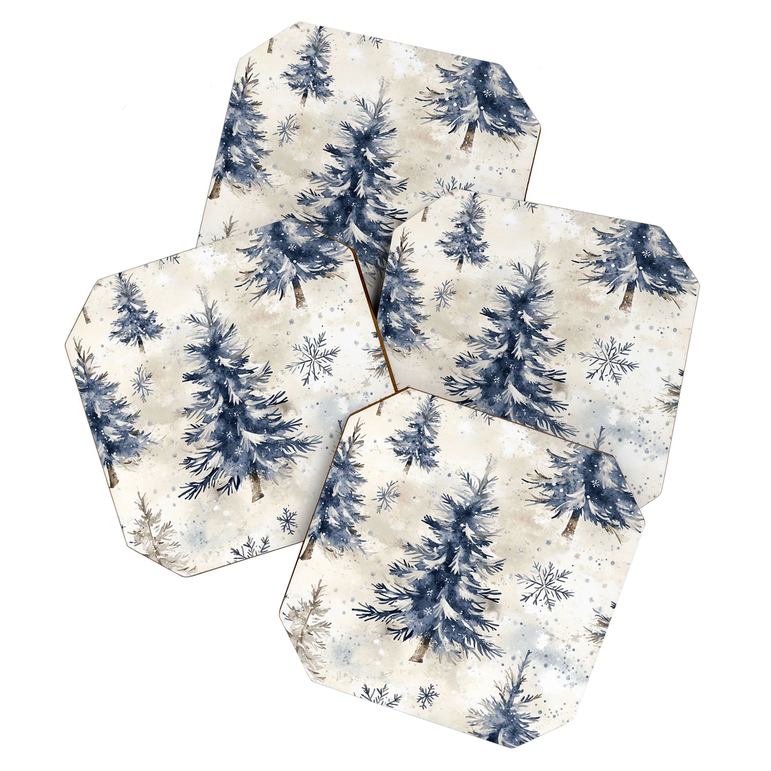 Blue beige winter christmas trees watercolor illustration Coaster Gallery Image 1