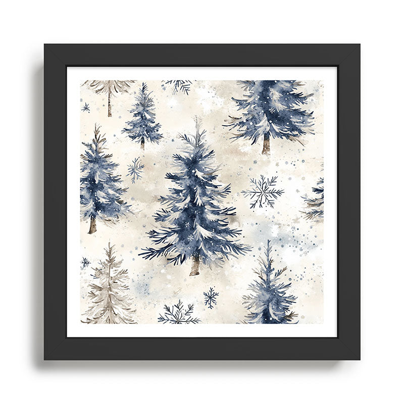 Blue beige winter christmas trees watercolor illustration Framed Art Print Gallery Image 1