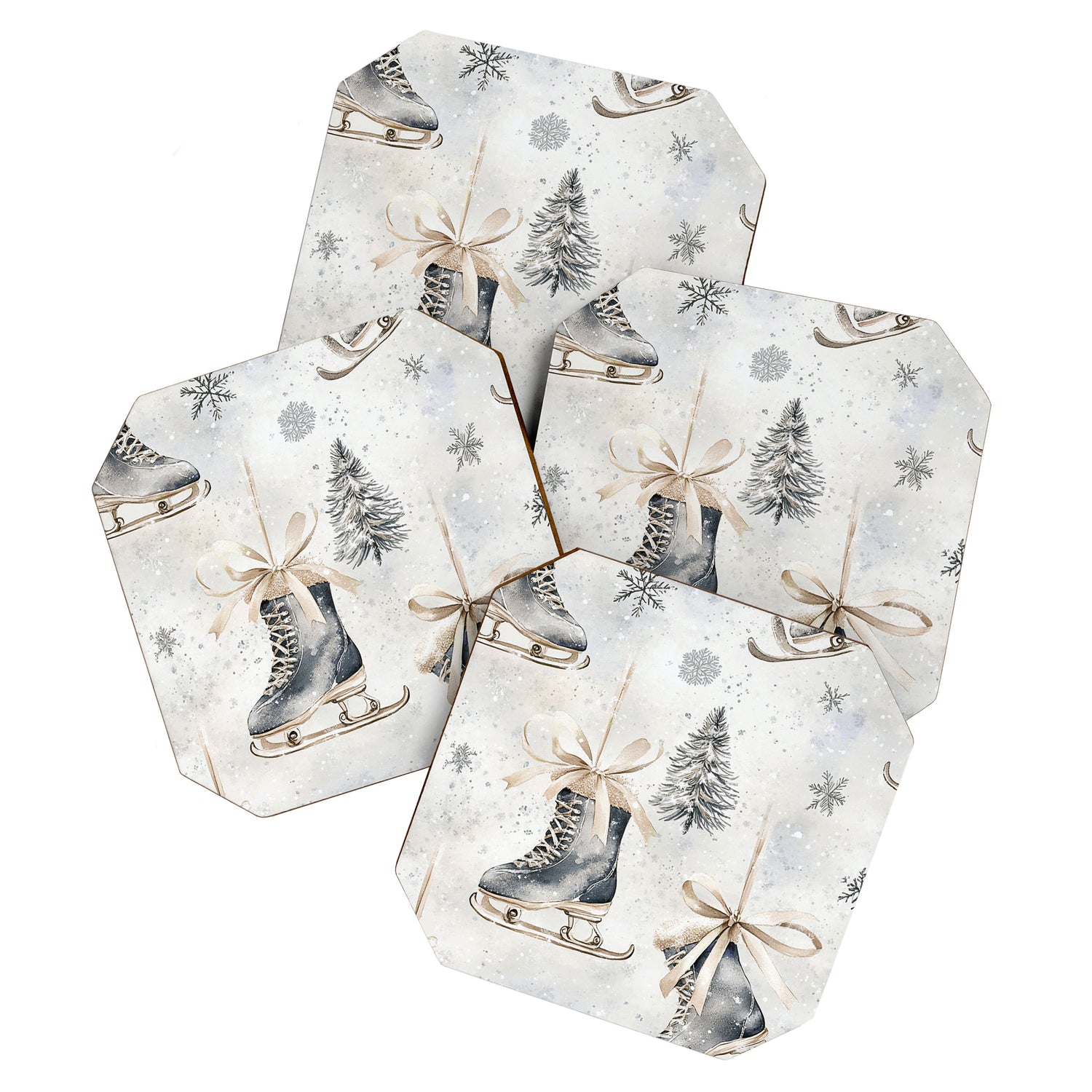 Blue Beige Winter Ice Skates Watercolor Snowflakes Illustration  Coaster Gallery Image 1