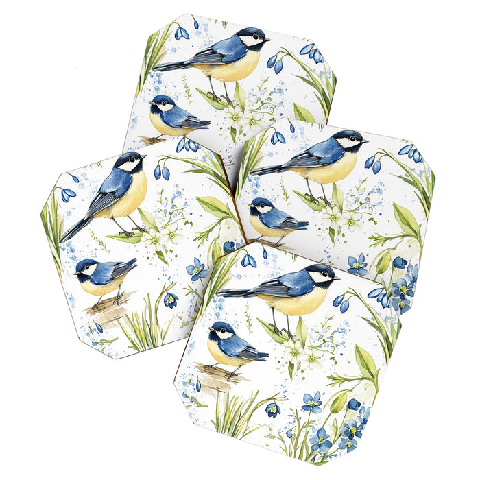 Blue Yellow Spring Birds Flowers Easter Watercolor Design All OVer Coaster Gallery Image 1