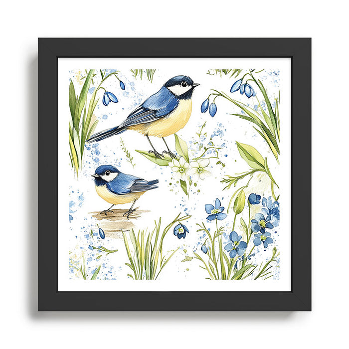 Blue Yellow Spring Birds Flowers Easter Watercolor Design All OVer Framed Art Print Gallery Image 1
