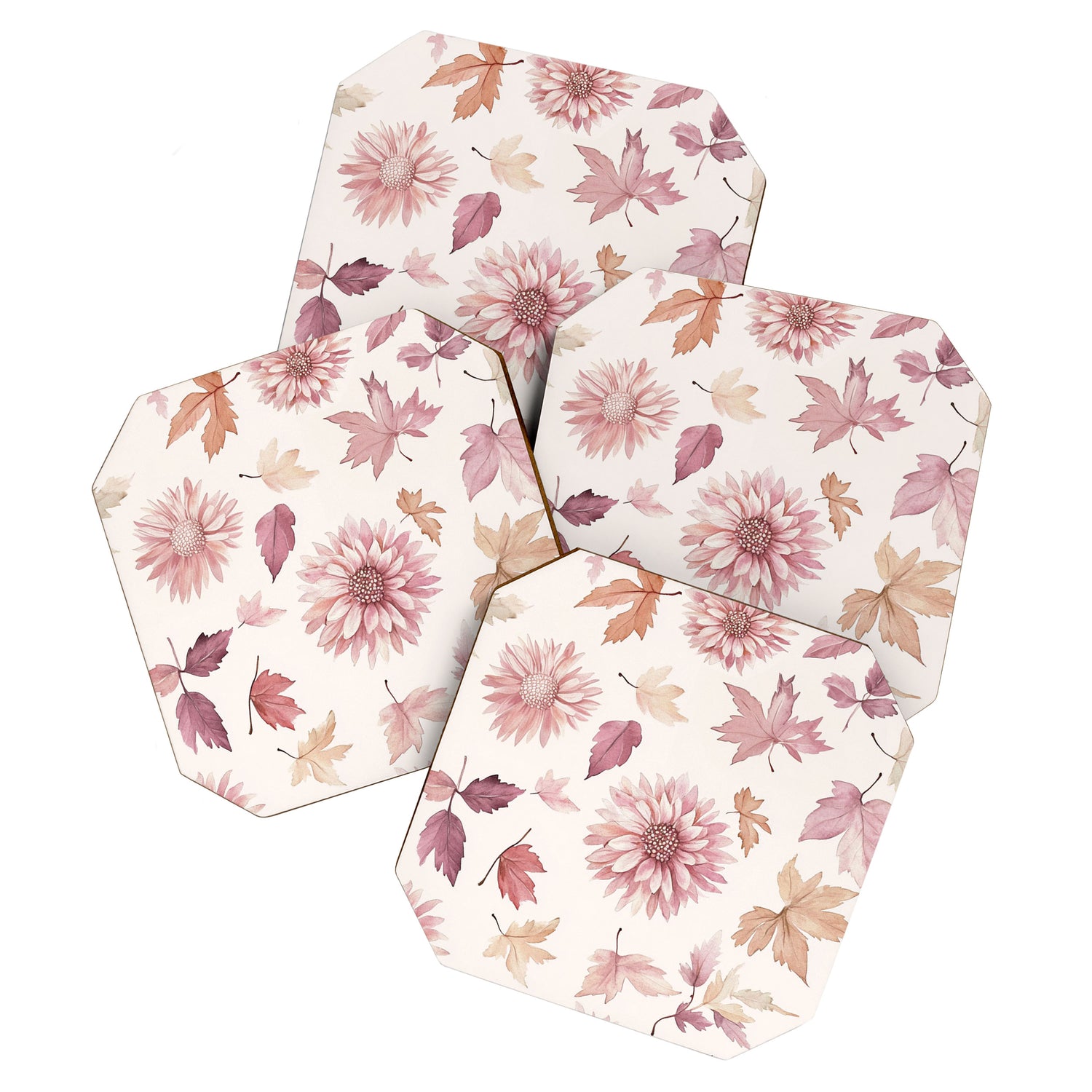 Blush Autumun Fall Flower and Leaves Watercolor All Over Coaster Gallery Image 1