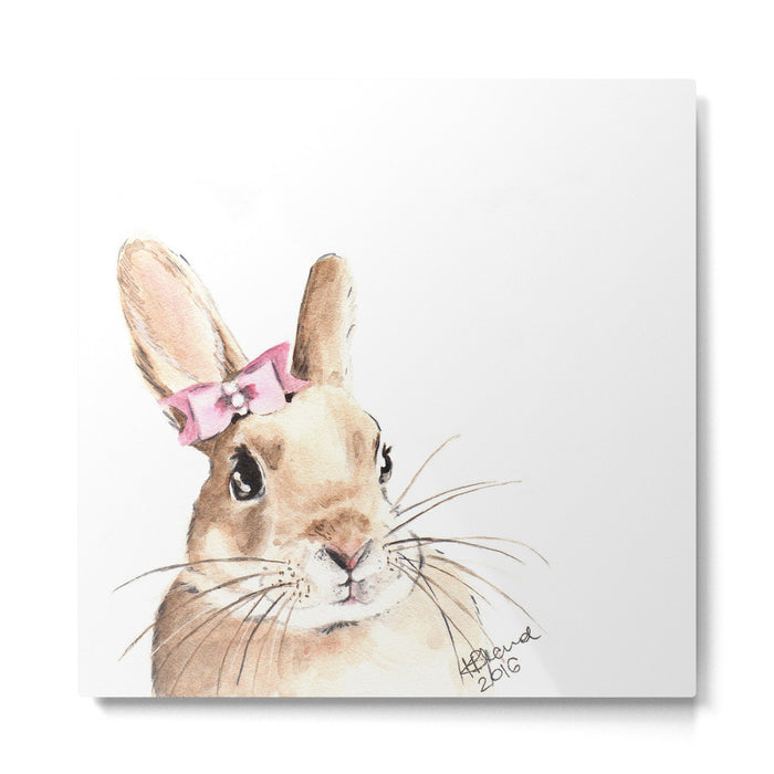 Bunny with a Pink Hair Bow. Watercolor Painting Metal Print Gallery Image 1