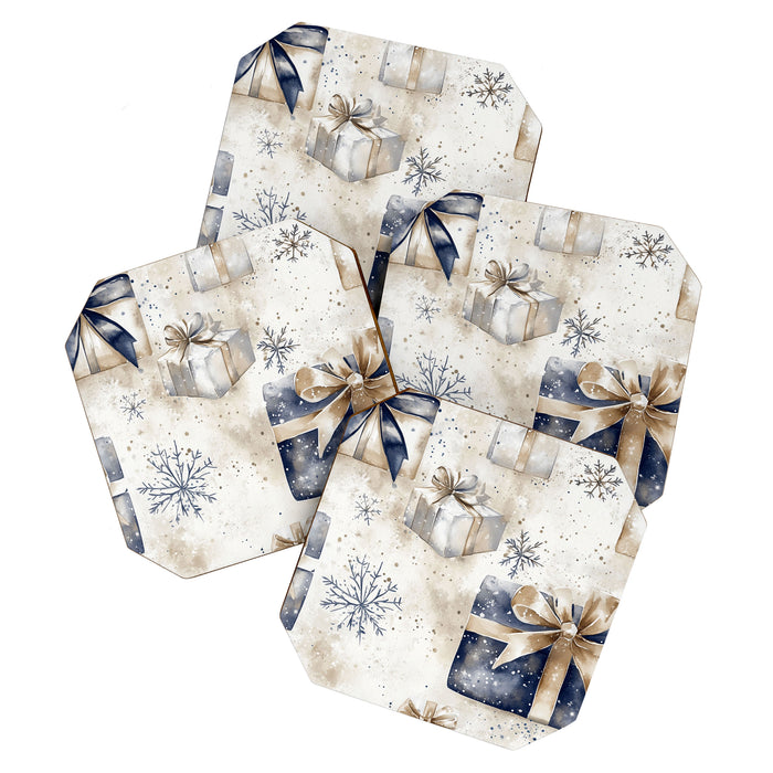 Christmas Holiday Blue Gifts Watercolor Illustration Coaster Gallery Image 1