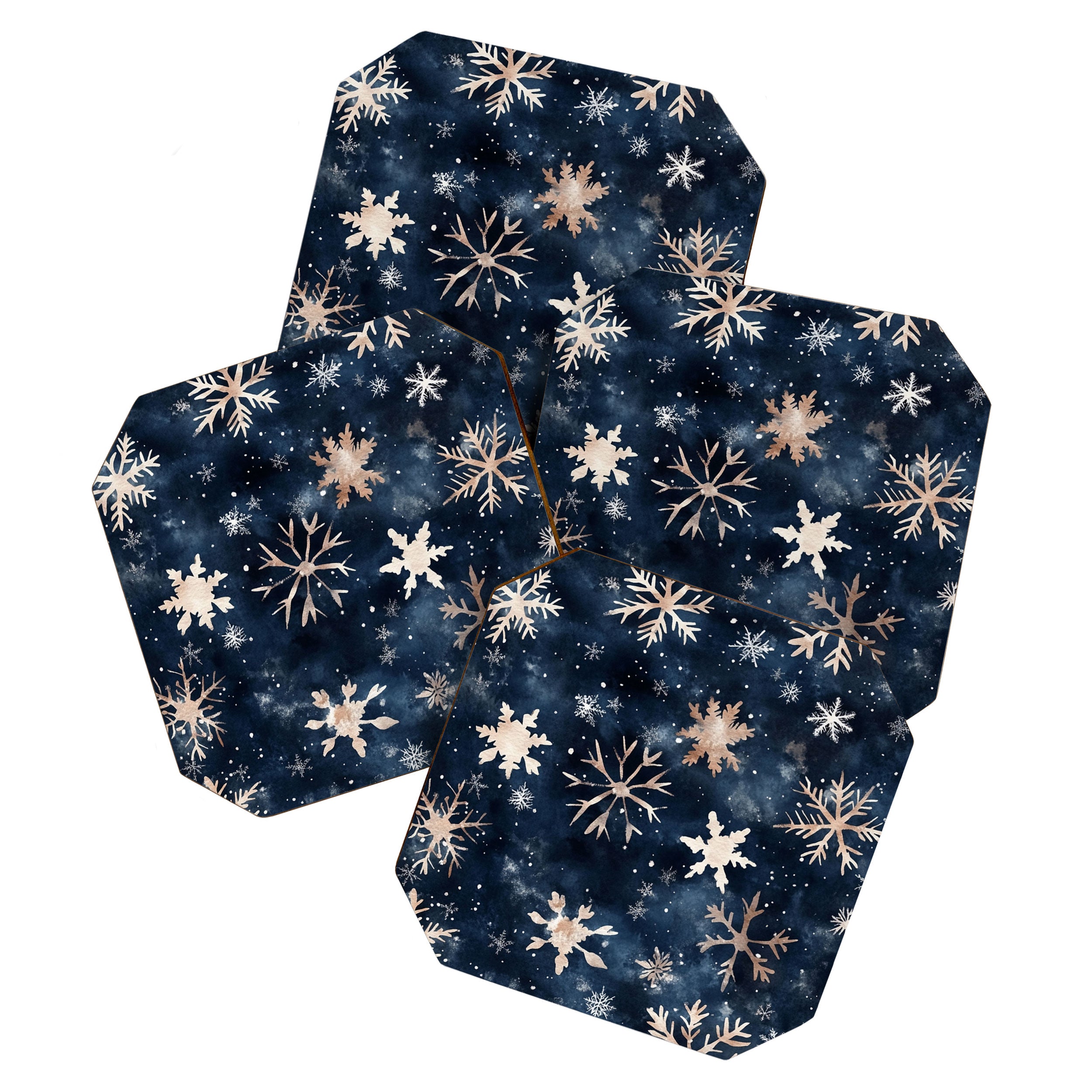 Dark Blue Night Gold Winter Snowflakes Watercolor Illustration Coaster Gallery Image 1
