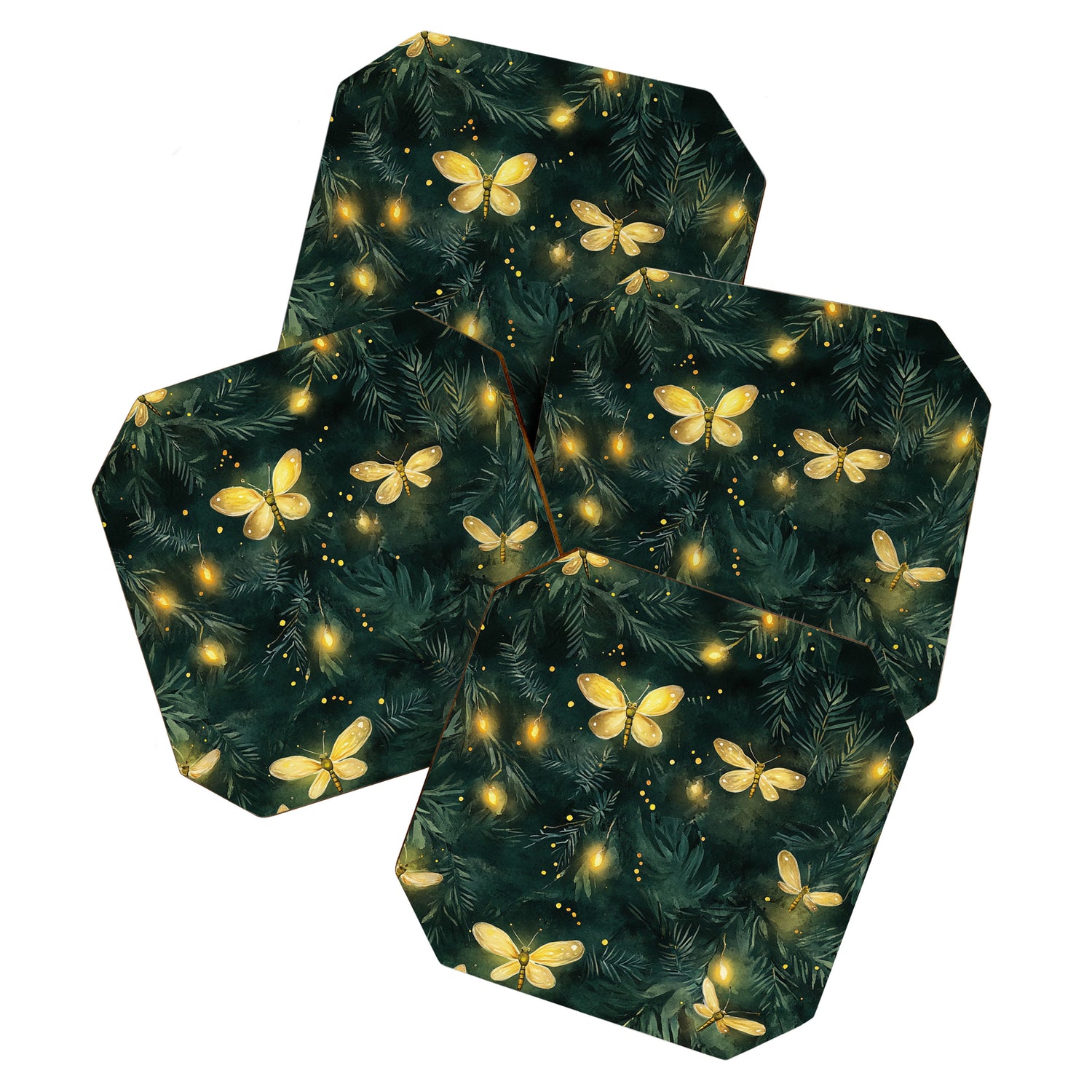 Dark Forest Green Fireflies Lightning Bugs Watercolor All Over Coaster Gallery Image 1