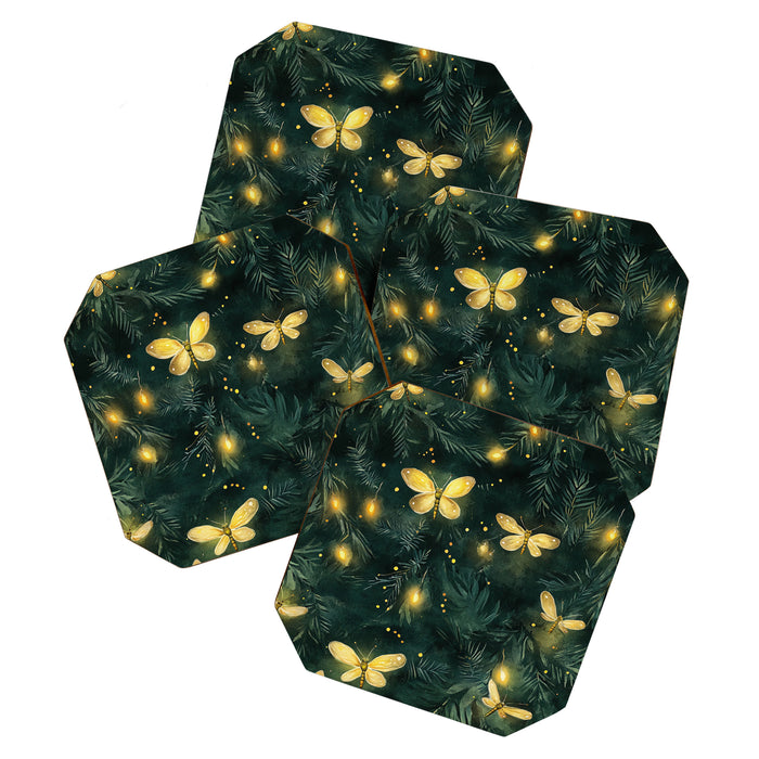 Dark Forest Green Fireflies Lightning Bugs Watercolor All Over Coaster Gallery Image 1