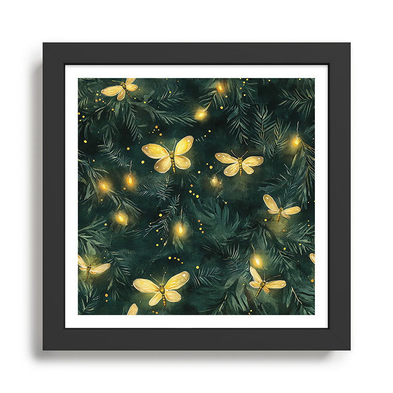 Dark Forest Green Fireflies Lightning Bugs Watercolor All Over Framed Art Print Gallery Image 1