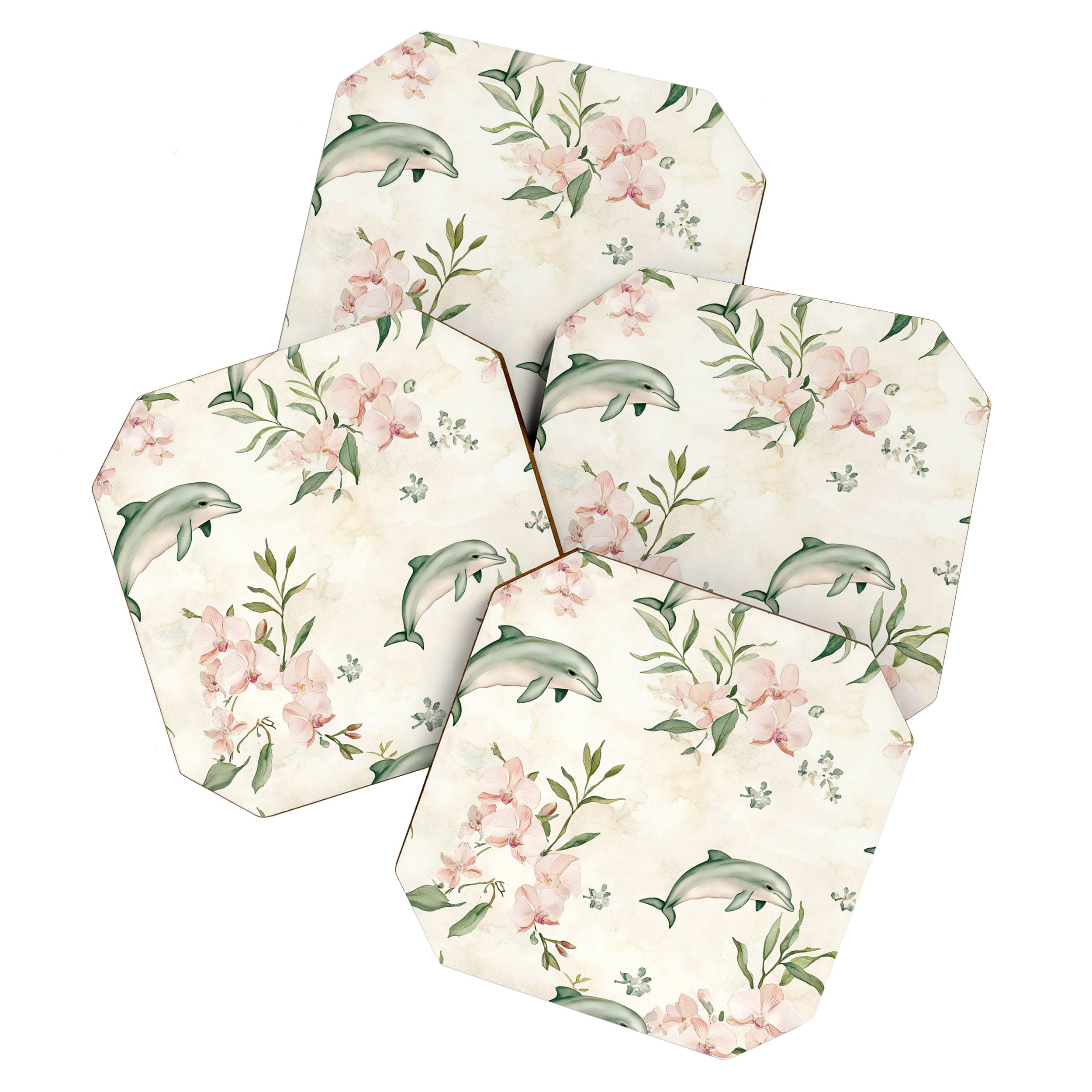 Dolphins and orchids watercolor tropical print Coaster Gallery Image 1