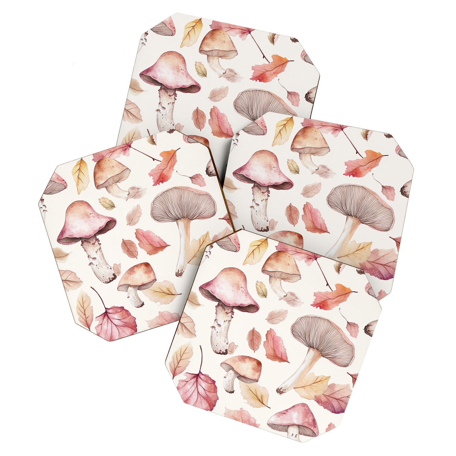 Fall Autumn Leaves and Mushroom Watercolor All Over Coaster Gallery Image 1