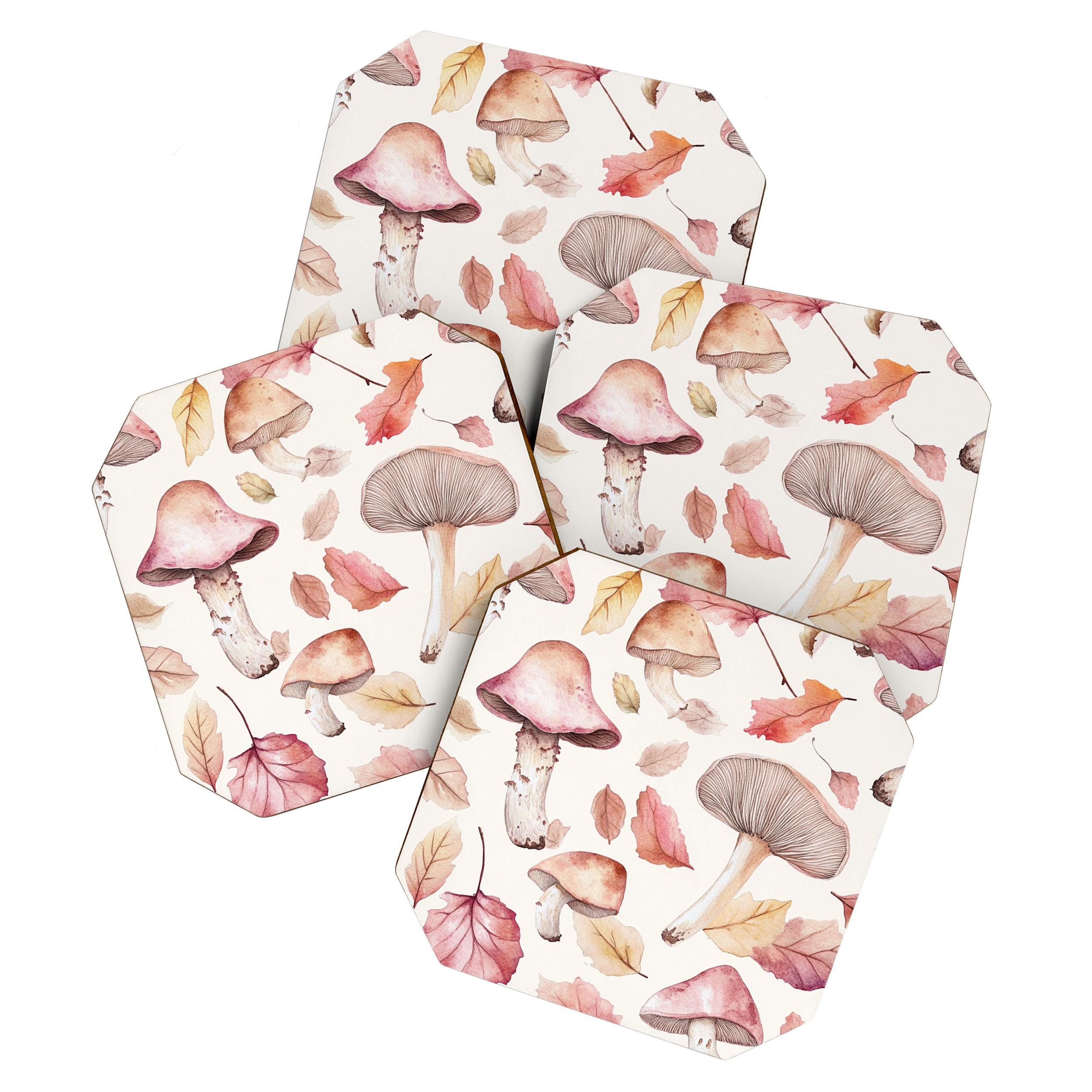 Fall Autumn Leaves and Mushroom Watercolor All Over Coaster Gallery Image 1