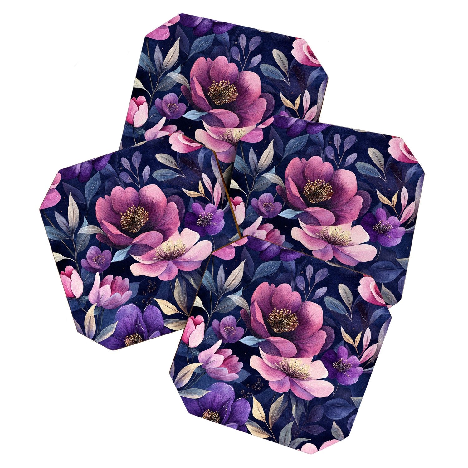 Large Pink Purple Poppies Peonies Flowers Watercolor All Over Coaster Gallery Image 1