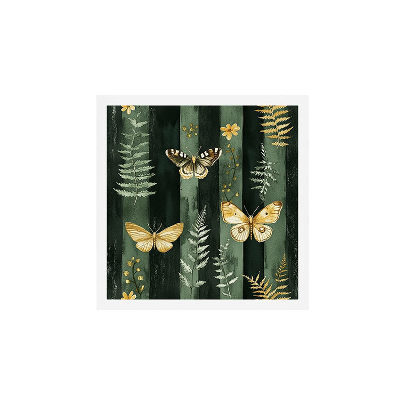 Night Forest Dark Green Watercolor Moths and Ferns All Over Art Print Gallery Image 1