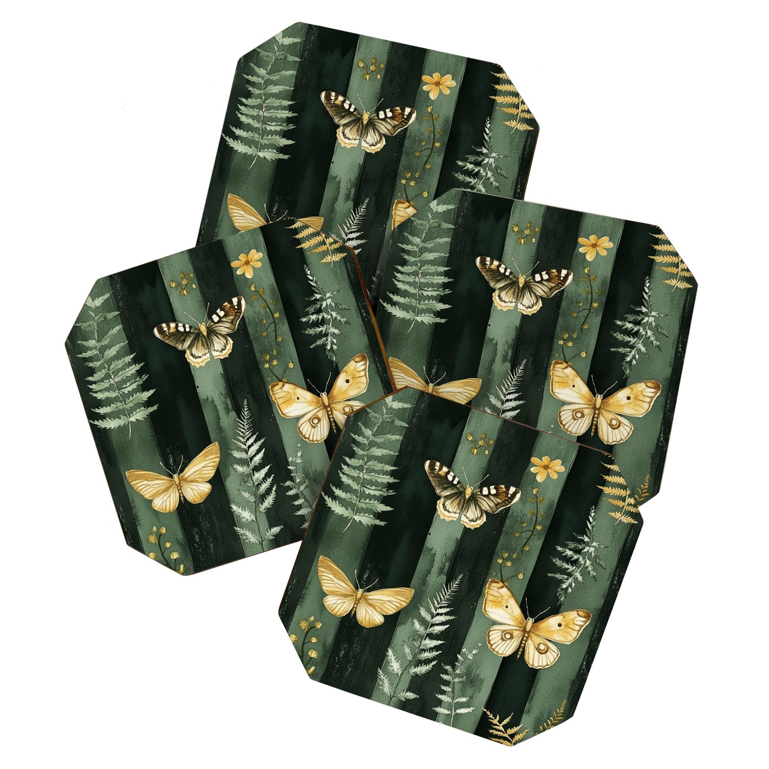 Night Forest Dark Green Watercolor Moths and Ferns All Over Coaster Gallery Image 1