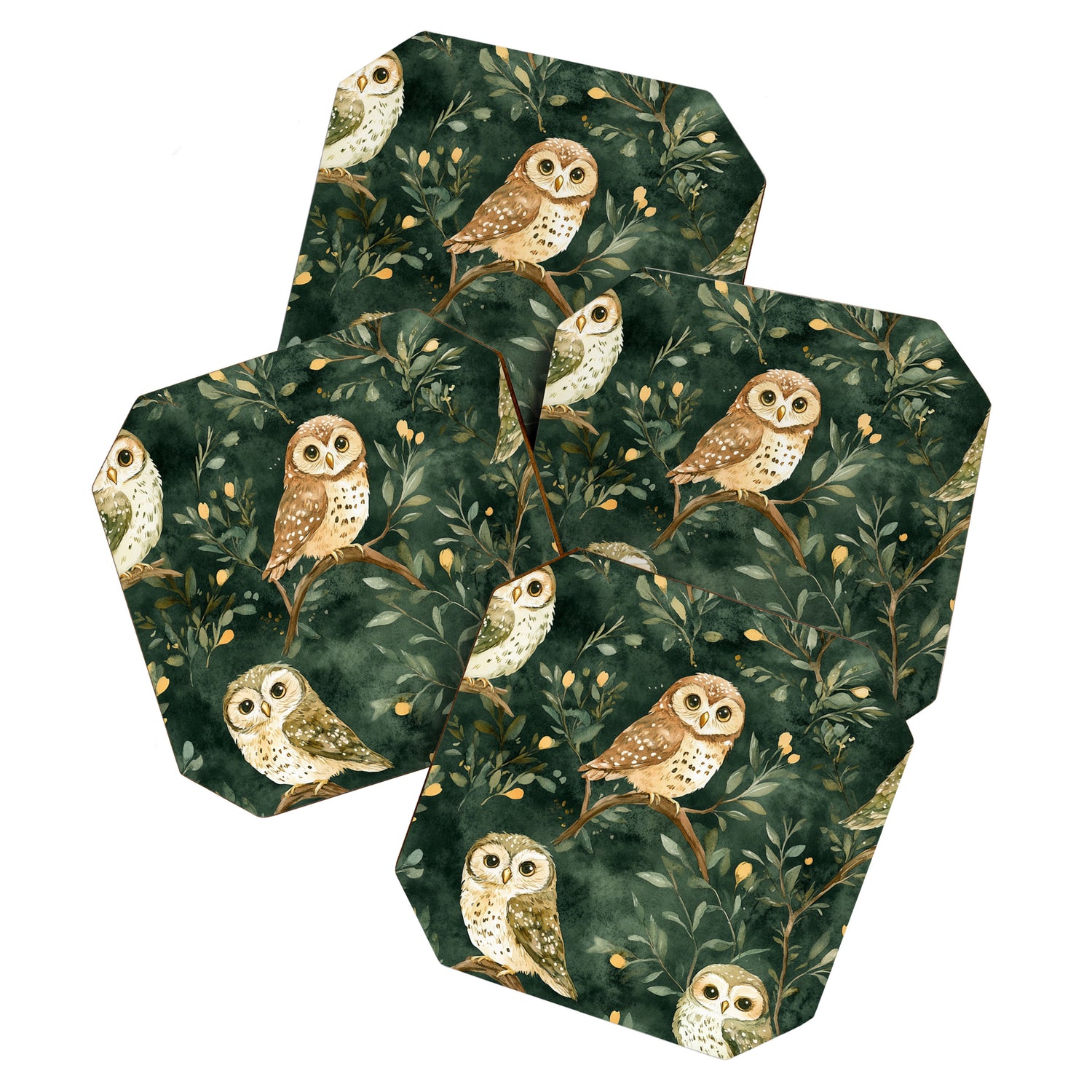 Night Forest Watercolor Dark Green Owls All Over Coaster Gallery Image 1