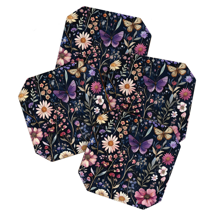 Night Garden Flowers Butterflies Watercolor Coaster Gallery Image 1