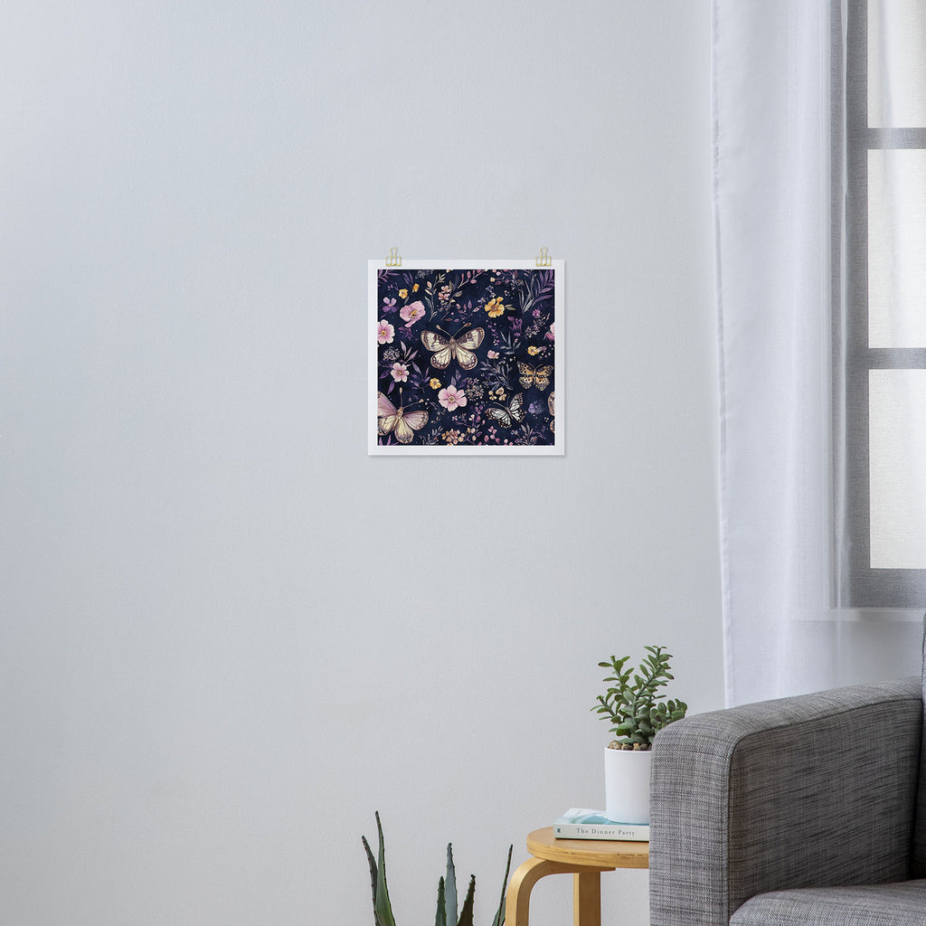 Night Garden Flowers Watercolor Moths Dark Purple Art Print Gallery Image 3